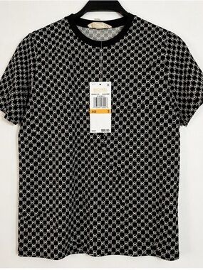 Michael Kors Black Crewneck Tee with White Geometric Print